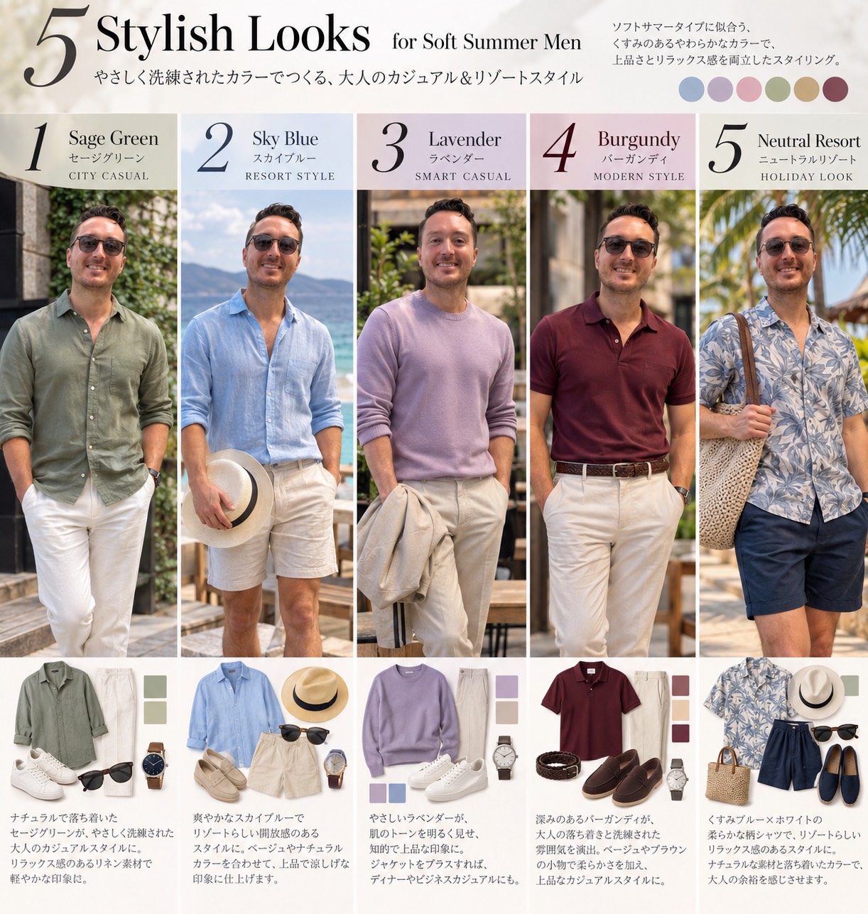 Soft Summer men's styling board with coordinated outfits, accessories, and colors